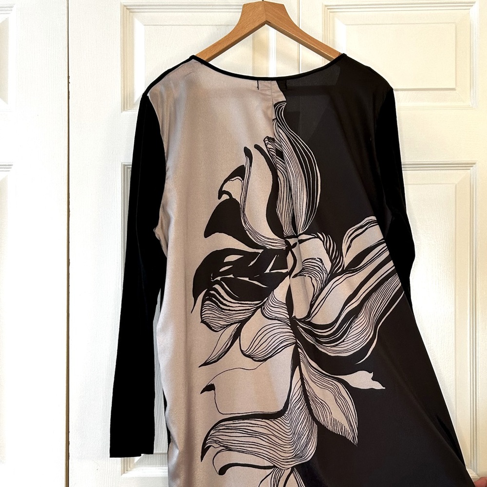 Black slip dress, midi, with dramatic back and flattering curved hem. XL